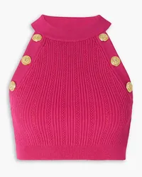 Balmain Cropped embellished ribbed-knit halterneck top - Pink Pink