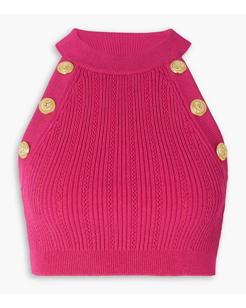 Balmain Cropped embellished ribbed-knit halterneck top - Pink Pink