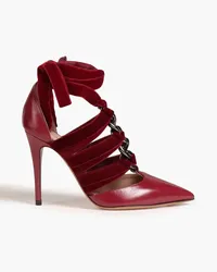 Valentino Garavani Chain-embellished velvet-trimmed textured-leather pumps - Burgundy Burgundy