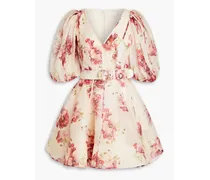 Belted floral-print silk and linen-blend mini dress - Pink