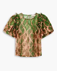 Ulla Johnson Annemarie cropped ruffled printed silk-organza top - Green Green