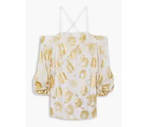 Cold-shoulder metallic floral-print cotton-voile mini dress - Metallic