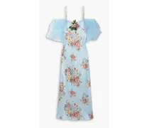 Rodarte Embellished tulle-trimmed floral-print silk midi dress - Blue Blue
