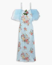 Rodarte Embellished tulle-trimmed floral-print silk midi dress - Blue Blue