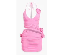 Floral-appliquéd cutout stretch-jersey halterneck mini dress - Pink