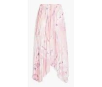 Asymmetric pleated printed satin midi skirt - Pink
