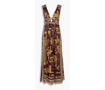 Leather-trimmed printed cotton gown - Purple