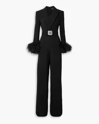 Andrew GN Belted embellished feather-trimmed crepe jumpsuit - Black Black