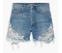 Embroidered distressed organic denim shorts - Blue