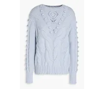 Pompom-embellished cable-knit cashmere sweater - Blue