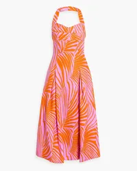 NICHOLAS Seraphina pleated printed linen halterneck midi dress - Orange Orange