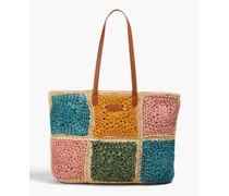 Angela leather-trimmed patchwork-effect raffia tote - Multicolor
