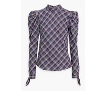 Isabel embroidered checked cotton-blend top - Blue