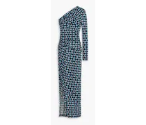 Kitana one-sleeve ruched printed jersey maxi dress - Blue