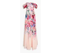Off-the-shoulder draped floral-print chiffon gown - Pink