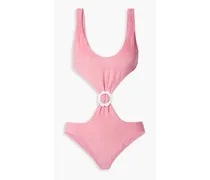 Buckled cutout stretch-cotton terry swimsuit - Pink