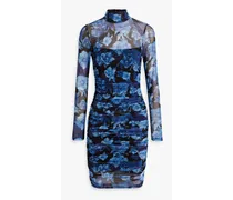 Alice Olivia - Delora ruched floral-print stretch-mesh mini dress - Blue