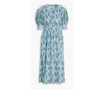 Shirred floral-print crepon midi dress - Blue