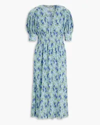 Ganni Shirred floral-print crepon midi dress - Blue Blue