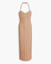 Hervé Léger Crystal-embellished metallic ribbed bandage halterneck midi dress - Neutral Neutral