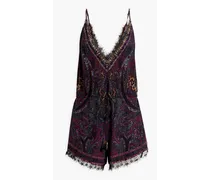 Embellished printed silk crepe de chine playsuit - Purple