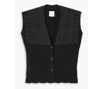 Broderie anglaise-trimmed cable-knit merino wool vest - Black