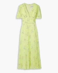 Self-Portrait Lace-trimmed pleated floral-print chiffon midi dress - Yellow Yellow