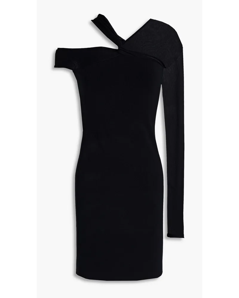One-sleeve ponte-paneled knitted mini dress - Black