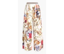 Embellished printed silk crepe de chine wide-leg pants - White