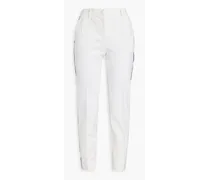 Satin-trimmed wool-blend slim-leg pants - White