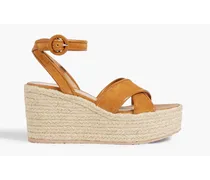 Leather-trimmed suede espadrille wedge sandals - Brown