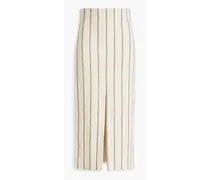 Bead-embellished striped linen midi skirt - White