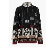 Fringed jacquard-knit merino wool-blend turtleneck sweater - Black