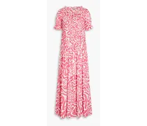 Shirred printed cotton-poplin midi dress - Pink