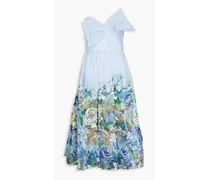 Strapless bow-detailed floral-print organza midi dress - Blue
