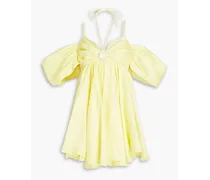 Cold-shoulder embellished gathered linen-blend mini dress - Yellow