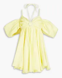 RASARIO Cold-shoulder embellished gathered linen-blend mini dress - Yellow Yellow