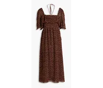 Ruffled polka-dot plissé-crepon midi dress - Brown