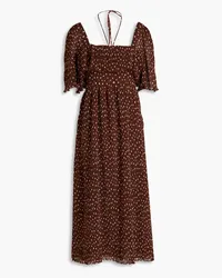 Ganni Ruffled polka-dot plissé-crepon midi dress - Brown Brown