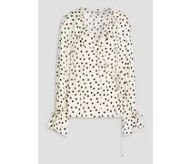 Ruffled polka-dot satin-twill wrap blouse - White