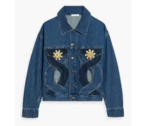 Floral-appliquéd cutout denim jacket - Blue