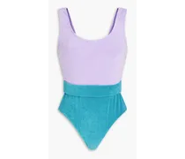 Jude belted two-tone cotton-blend terry swimsuit - Purple