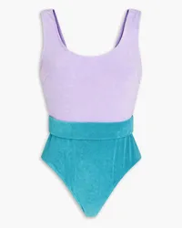 Zimmermann Jude belted two-tone cotton-blend terry swimsuit - Purple Purple