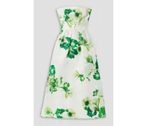 Strapless pleated floral-print silk-piqué midi dress - White