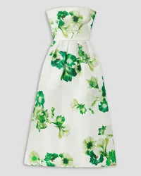 Monique Lhuillier Strapless pleated floral-print silk-piqué midi dress - White White