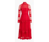 Pintucked corded and crocheted lace midi dress - Red