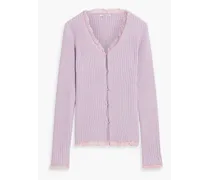 Tansy lace-trimmed ribbed-knit cardigan - Purple