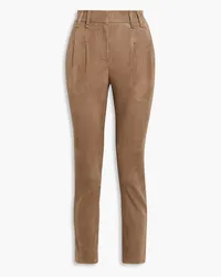 Brunello Cucinelli Pleated suede slim-leg pants - Brown Brown