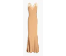 Mesh-trimmed fluted stretch-jersey gown - Brown