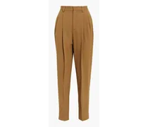 Pleated cotton and wool-blend twill tapered pants - Brown